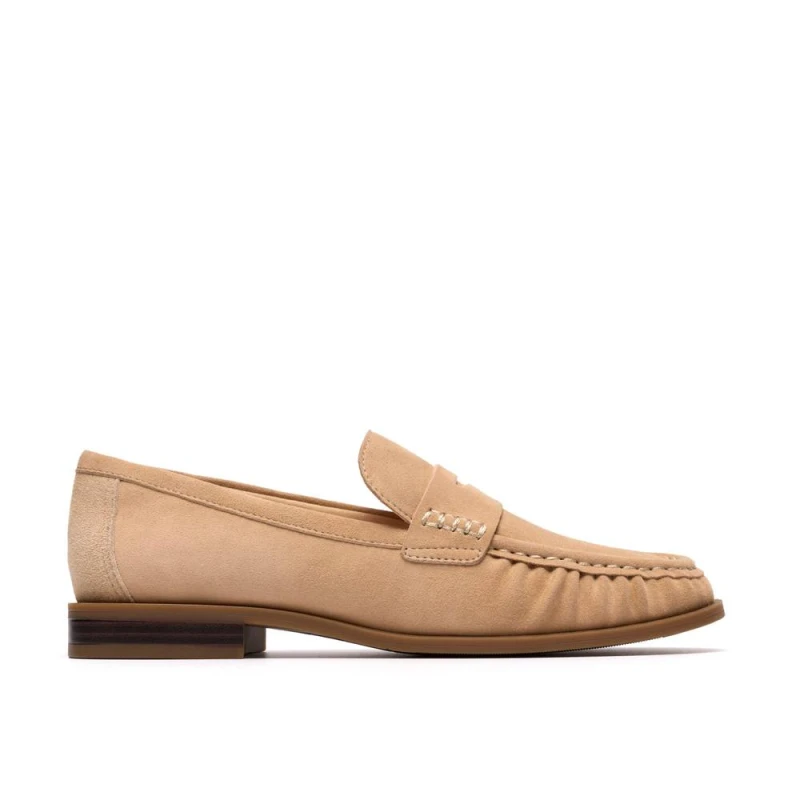 Image of Clarks Womens Alixea Walk Warm Sand Suede Loafers, Slip Ons in Beige Size: 8-Standard Fit Beige Female 8-Standard Fit