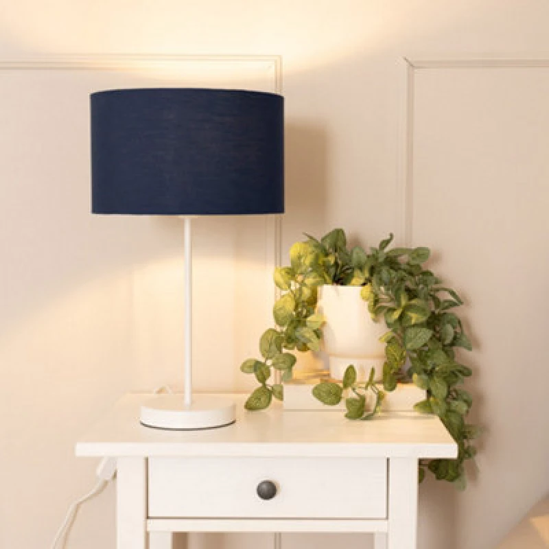 Image of ValueLights Charlie White Metal Single Stem Table Lamp with Fabric Drum Lamp Shade Navy