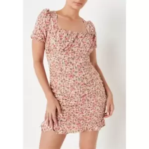 image of Missguided Floral Print Ruched Milkmaid Mini Dress - Pink