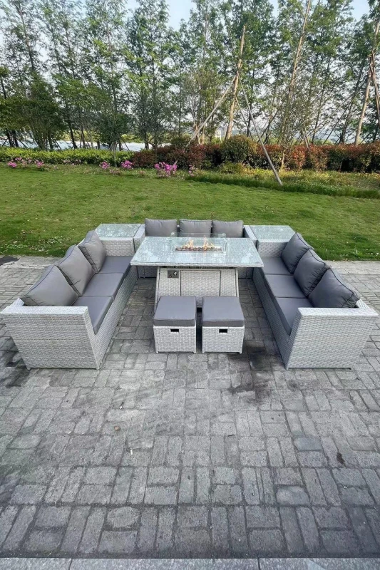 Image of Fimous Light Grey U Shape Lounge Sofa Dining Set With Gas Fire Pit Heater Burner Side Tea Table Stools Light Grey