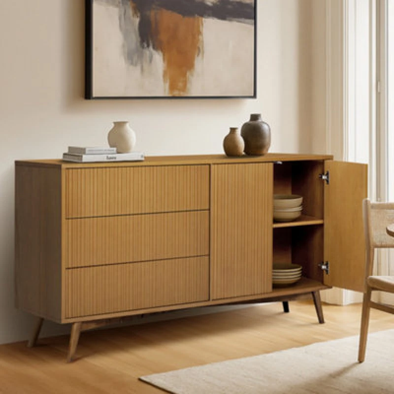 Image of Teamson Home Tremolo Wooden Sideboard 3 Fluted Push-Open Drawers 2 Doors, Natural