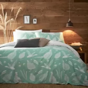 image of Creative Cloth Moorland Birds Print Reversible Duvet Cover Set, Mint Green, Double