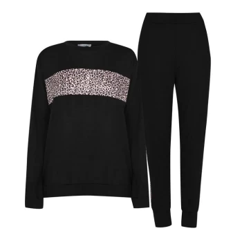 image of Linea Animal Print Top and Joggers Tracksuit Loungewear Co Ord Set - Black