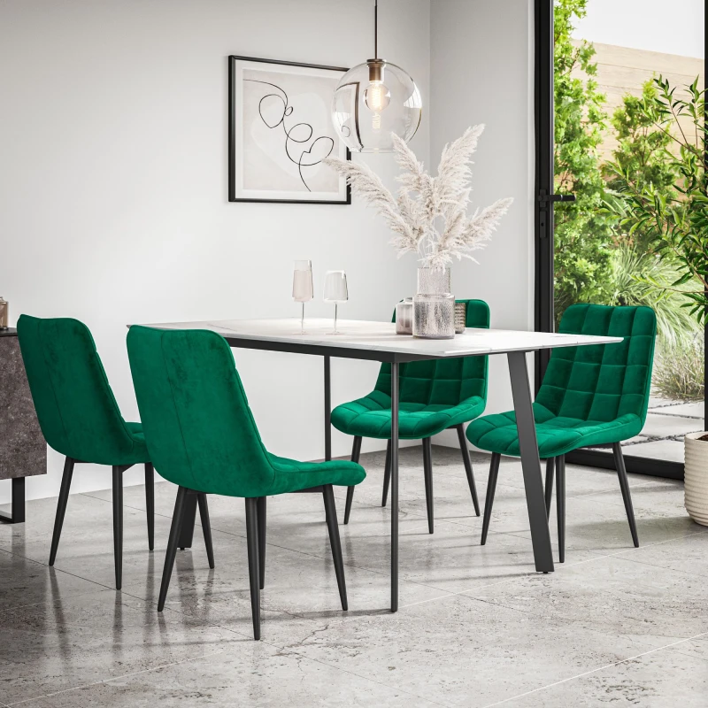 Image of More4Homes Haydon Extending Dining Table + Chairs- White Marble Effect Table Top W Black Legs + Nova Velvet Dining Chair Set Of 4 (Green)