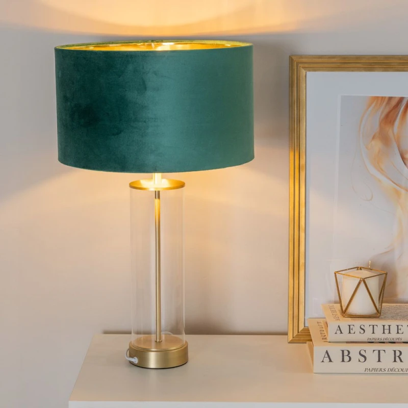 Image of ValueLights ValueLights Balan Glass with Gold Table Lamp and Velvet with Gold Inner Shade and LED Bulb in Bottle Green Bottle Green One Size Unisex 50