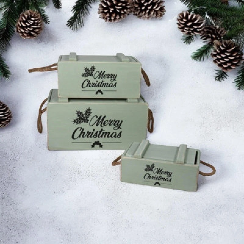 Image of Minster Crates With Lids Rope Han (Set Of 3) - Wood - Rustic Green