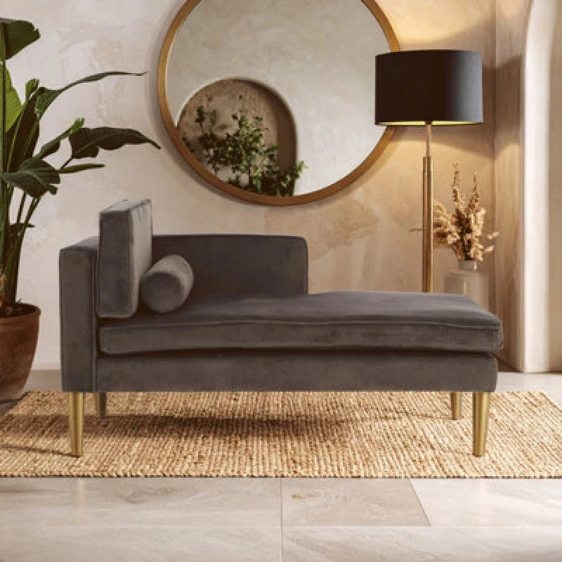 Image of Orsina Velvet Upholstered Grey Velvet And Left Arm Chaise Lounge, Luxirous Chaise Lounge, Slim Chaise For Relaxing