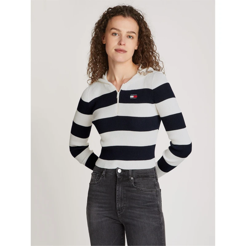 Image of Tommy Jeans Striped Quarter Zip Hooded Sweater - White White 16