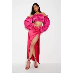 Image of I Saw It First Hot Pink Ruched Side Split Maxi Skirt - Pink