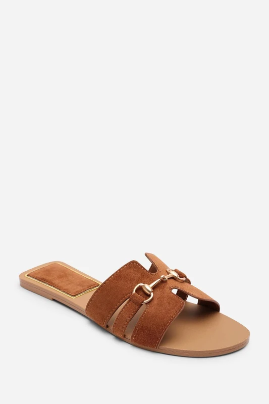 Image of Where's That From Womens Dorina Embellished Wide Fit Suede Slide On Sandals in Tan Size: 4-Wide Fit Tan Female 4-Wide Fit