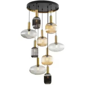 Image of Schuller Norma 9 Light Cluster Pendant Ceiling Light Black, Brass, 3 Crystal Tones, E27