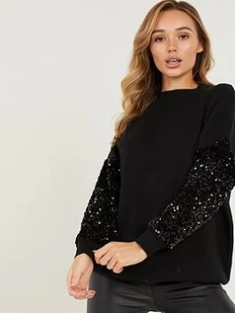 image of Quiz Black Knitted Sequin Sleeves Jumper - S