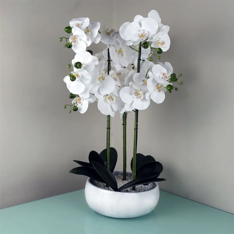 Image of Leaf Orchid Artificial White Marble Effect Ceramic Planter Botanik Green