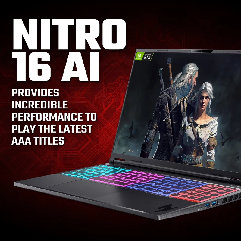 Image of Acer Nitro 16 AI AMD Ryzen AI 7 16GB RAM 1TB SSD RTX 5070 Ti 180Hz 16" Windows 11 Gaming Laptop NH.QZTEK.003 Black
