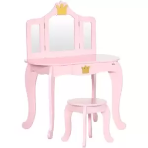 image of Homcom - Kids Dressing Table with Mirror and Stool Kids Vanity Table - Pink - Pink