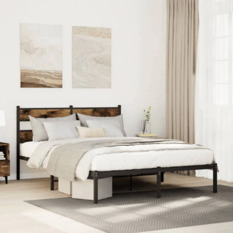 Image of Vidaxl Metal Bed Frame Without Mattress Smoked Oak 160X200 Cm