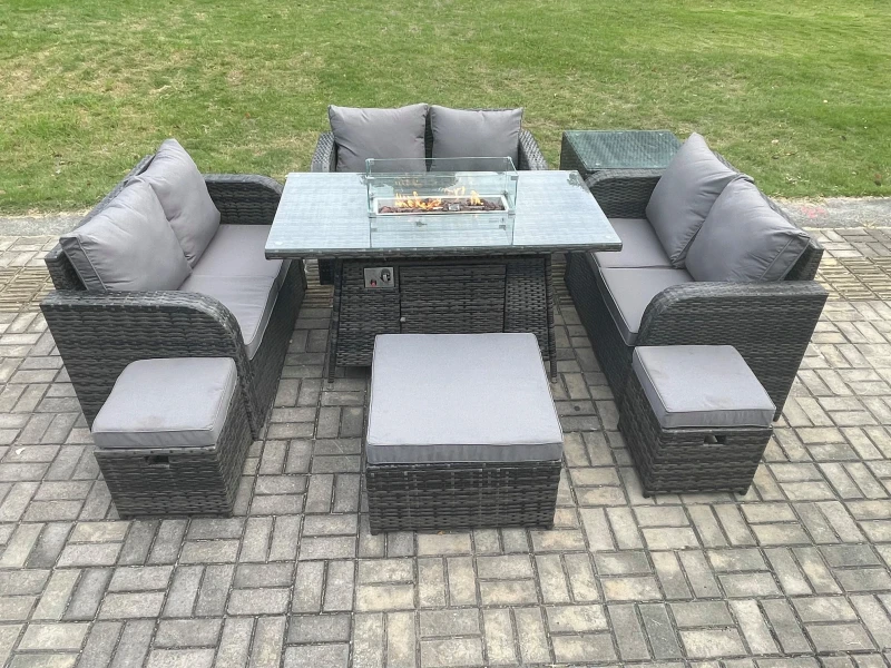 Image of Fimous 9 Seater Outdoor Rattan Furniture Garden Dining Set Gas Fire Pit Table with Side Table Love Sofa 3 Footstools Dark Grey Mixed Dark Grey
