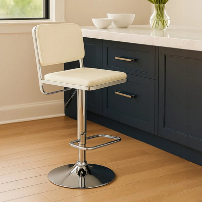 Image of Premier Housewares Interiors by Premier Light Grey Seat and Chrome Base Bar Stool, Adjustable Height Kitchen Bar Stool, Footrest Swivel Barstool White