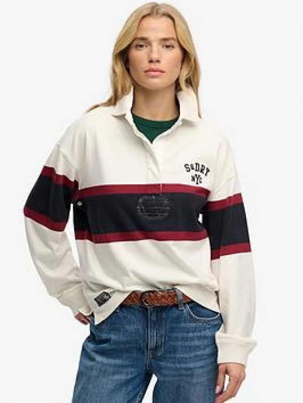 Image of Superdry Womens long-sleeve striped polo Superdry Heritage Blanc Female M