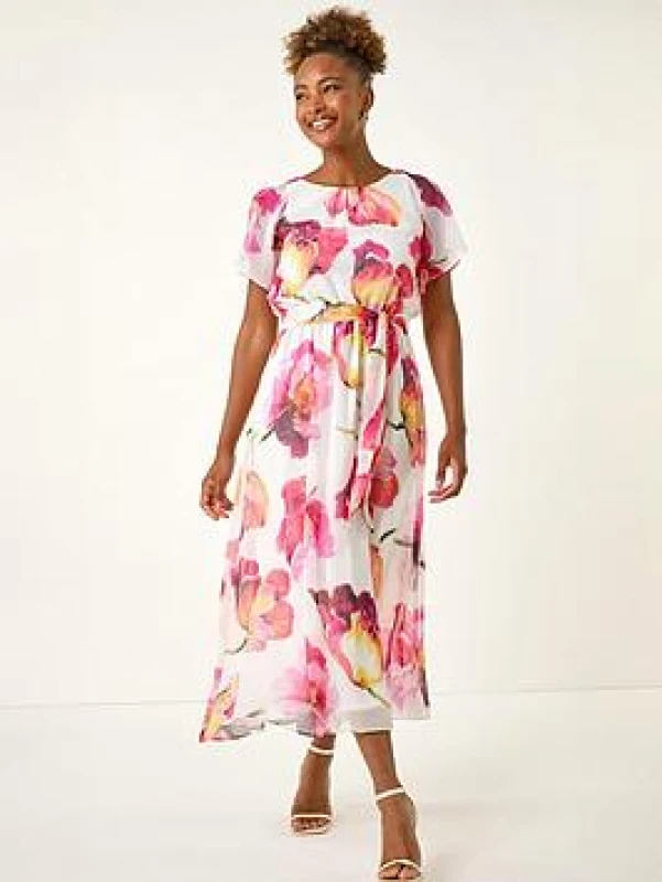 Image of Roman Womens Floral Split Sleeve Midi Dress in Ivory Size: 10 Ivory Female 10