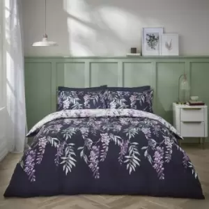 Image of Catherine Lansfield Wisteria Easy Care Reversible Duvet Cover Set, White/Navy, Single