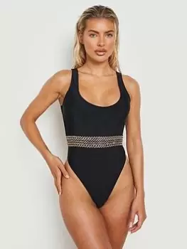Image of Boohoo Embellished Trim Scoop Neck Swimsuit - Black, Size 12, Women