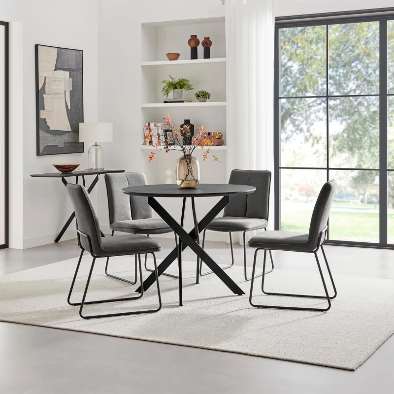 Image of FurnitureboxUK FurnitureboxUK Novara 100cm Black Top Round Dining Table & 4 Dark Grey Halley Chairs Black One Size Unisex 5056784315194