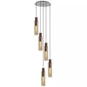 image of Luminosa Blake Slim Round Ceiling Pendant, 5 Light Adjustable E27, Mocha, Amber Glass