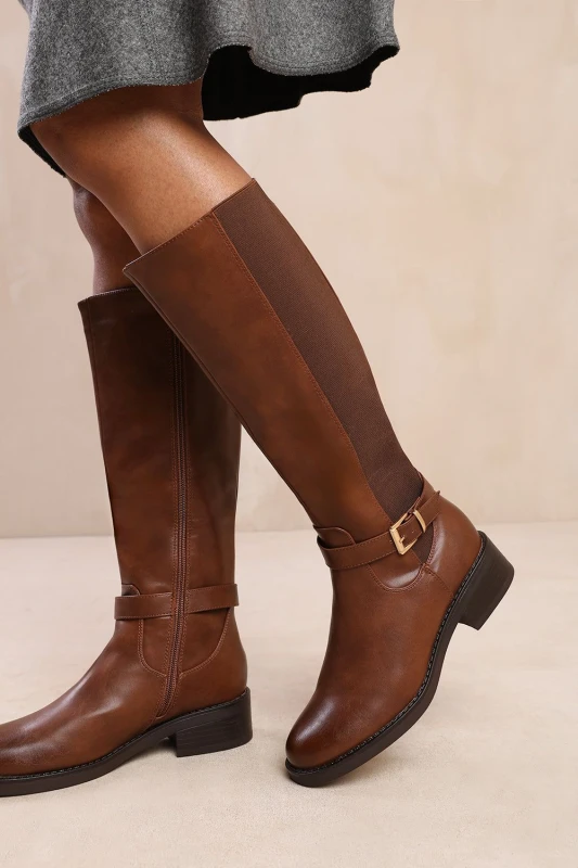 Image of Where's That From Womens 'Bode' Knee High Boots With Buckle Detail in Brown Size: 4 Brown Female 4