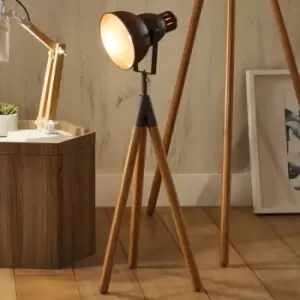 image of Grey Metal And Natural Wood Tripod Film Table Lamp