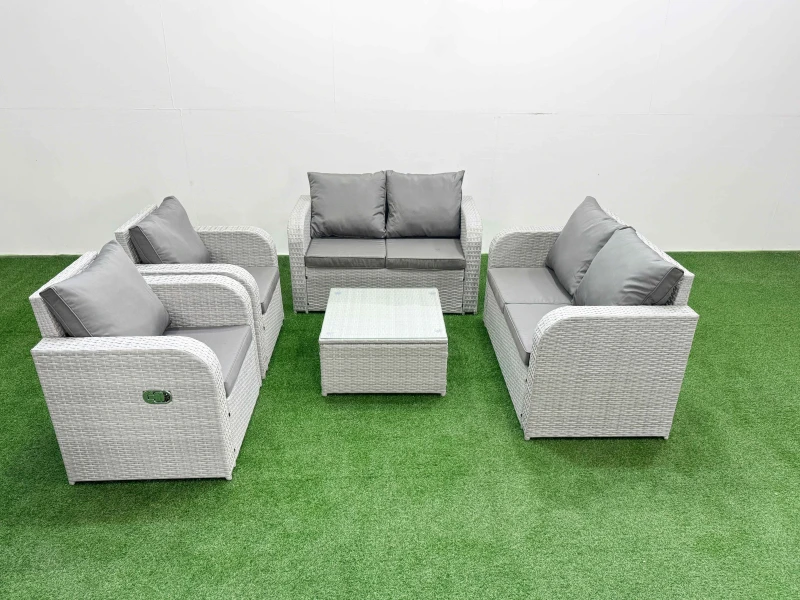 Image of Fimous 6 Seater Outdoor Reclining Chair Love Sofa Set Rattan Garden Furniture Set with Square Coffee Table Light Grey Light Grey