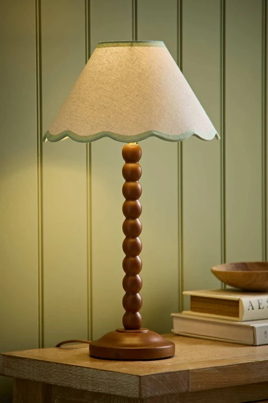 Image of ValueLights Bobbin Colour Trim Linen Shade Walnut Bobble Table Lamp in Pale Green Pale Green Unisex
