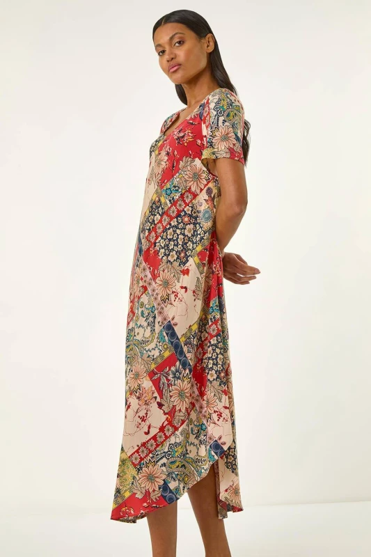 Image of Roman Womens Patchwork Print Curved Hem Midi Dress in Red Size: 18 Red Female 18