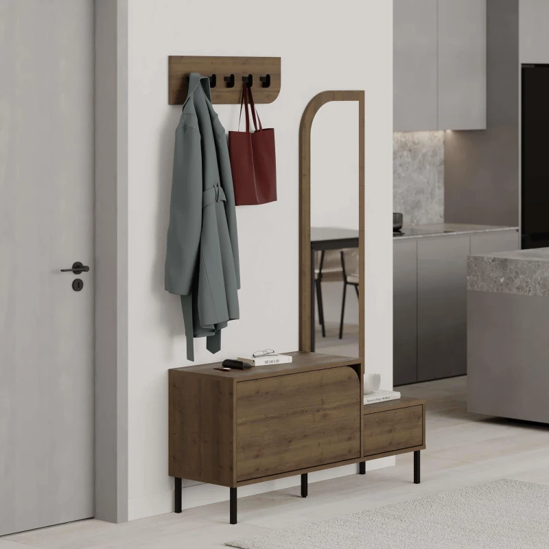 Image of Decortie Hall Tree Coat Stand With 5 Metal Hooks & Full-length Mirror 37X112X172Cm Dark Oak Effect, Brown 8683628015636