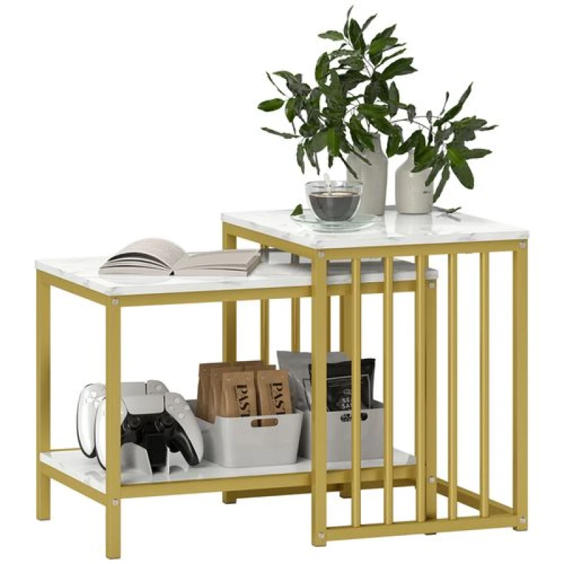 Image of HOMCOM Modern Coffee Table Set of Two w/ Steel Frame Marble-Effect Gold Tone, Gold 839-375V80GD