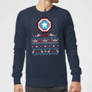 Image of Marvel Avengers Captain America Pixel Art Christmas Sweatshirt - Navy - L