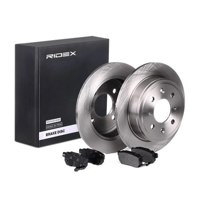Image of RIDEX 3405B0208 Brake disc and pads set Rear Axle, Brake Disc Type: Solid Brake Set,disc brakes (3405)