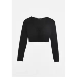 Missguided Cropped Tie Front Ls Top - Black