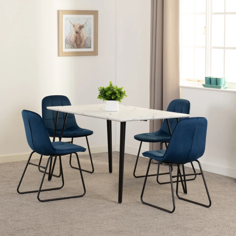 Image of Seconique Marlow & LUKas Dining Set (x4 Chairs) - White Marble/Sapphire Blue Velvet, White 400-401-337