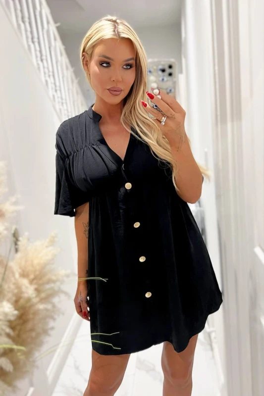 Image of AX Paris Womens Black Button Up Ruched Detail Smock V-Neck Dress Size: 8 Black Female 8