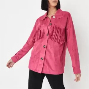 Image of Missguided Faux Suede Fringe Shacket - Pink
