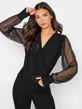 image of Long Tall Sally Spot Mesh Sleeve Bodysuit - Black, Size 12, Women