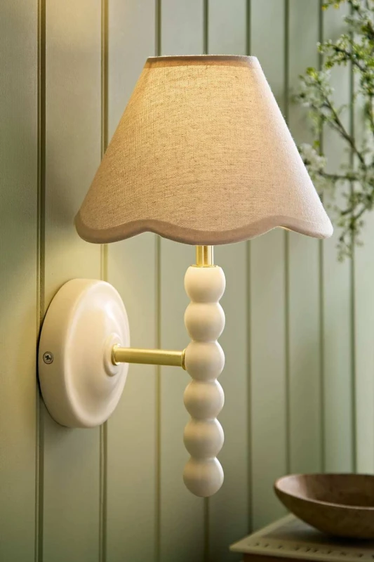 Image of Valuelights Bobbins Cream Bobble Wall Light And Natural Trim Linen Lamp Shade