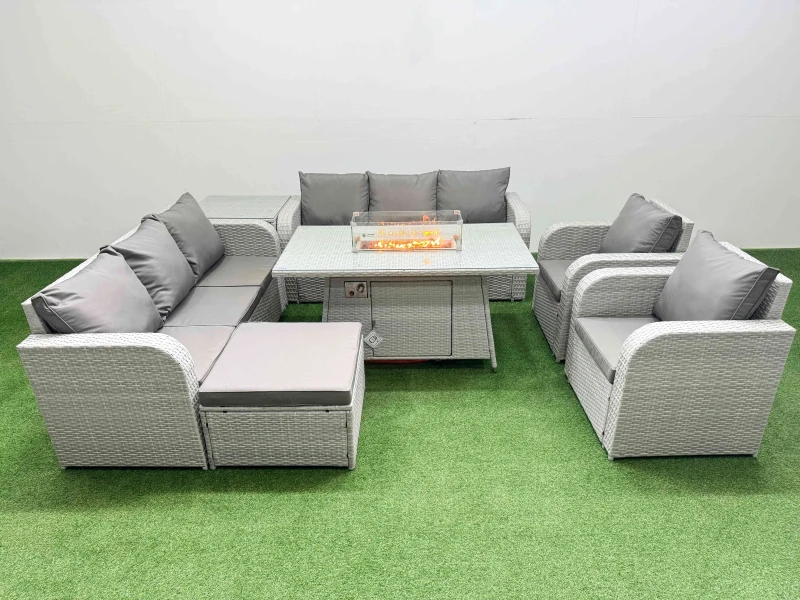 Image of Fimous PE Rattan High Back Lounge Sofa Set Patio Firepit Dining Table & Chairs Set with 3 Seater Sofa Reclining Chair Big Footstool Side Table Light G