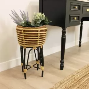 Image of Charles Bentley - Casablanca Plant Stand Medium Natural Black Rattan 50x30cm - Natural, Black
