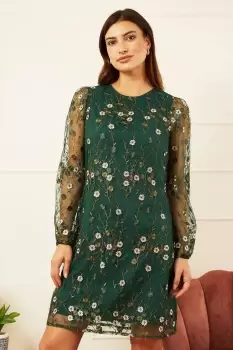 Image of Green Embroidered Floral Tunic Dress