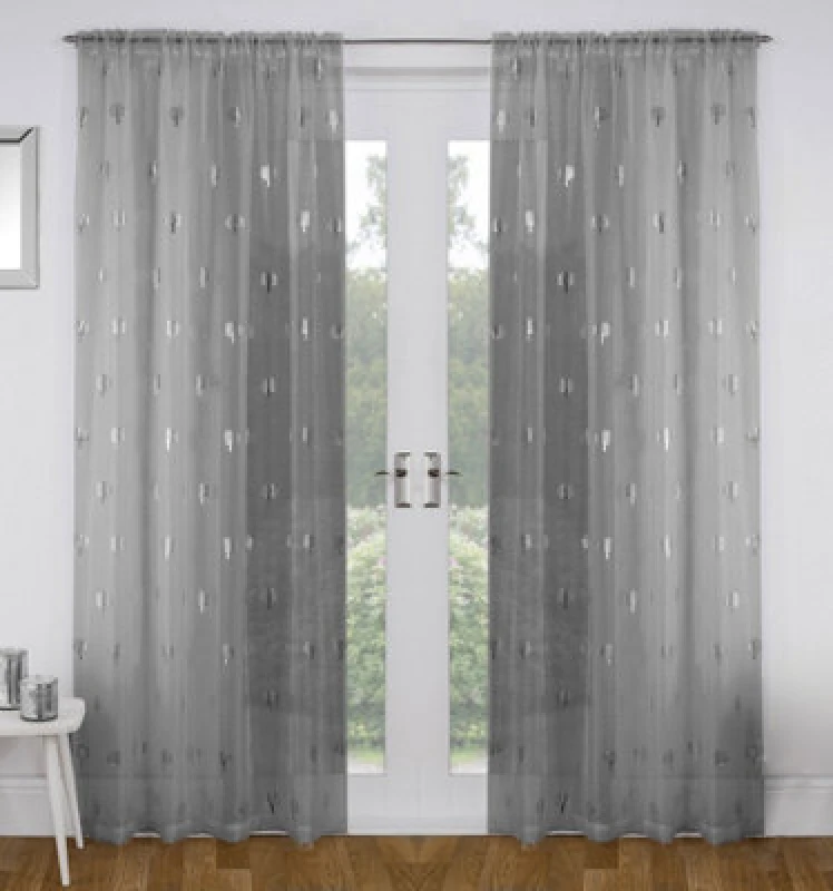 Image of Tyrone Textiles Birch Grey Metallic Tree Print Linen-Look Voile Panel - Pair 140 X 122Cm (55X48")