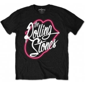 Image of Rolling Stones Neon Lips Script Mens Black T Shirt: Small