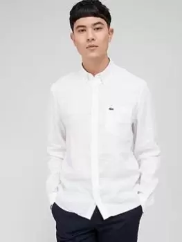 Image of Lacoste Regular Fit Linen Long Sleeve Oxford Shirt, White, Size L, Men