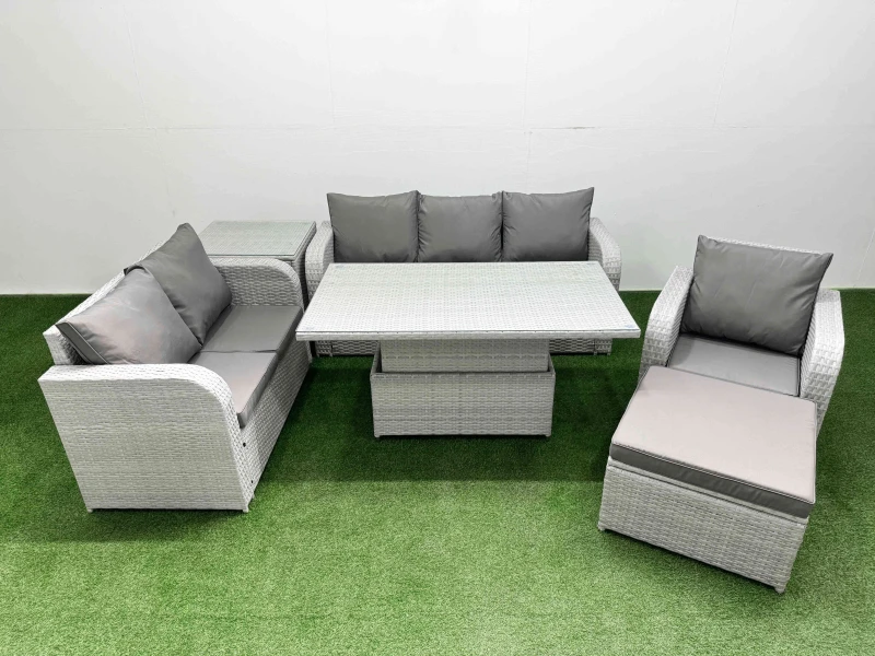 Image of FIMOUS Fimous - Patio pe Wicker 7 Seater Outdoor Rattan Furniture Sofa Sets with Adjustable Lifting Dining or Coffee Table Reclining Chair Loveseat So